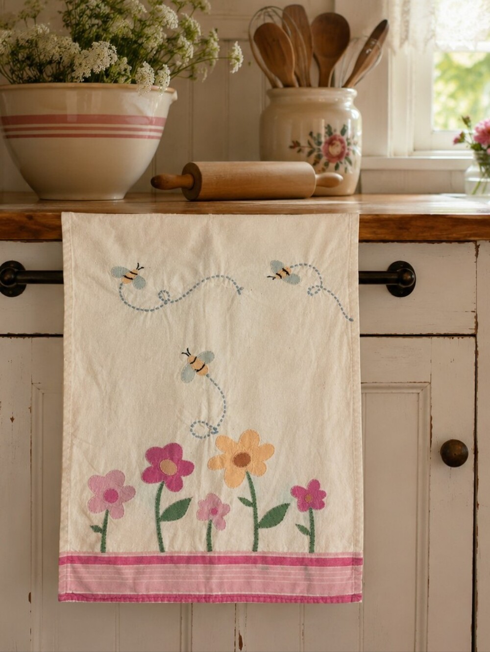 Vintage Cottagecore Tea Towel Floral Bee Embroidered Applique Retro Farmhouse